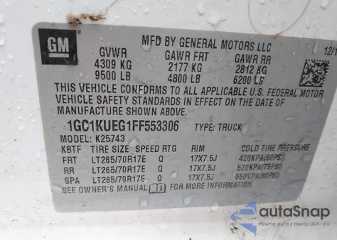 2015 Chevrolet Silverado K2500 Heavy Duty z USA, uszkodzony, nr VIN 1GC1KUEG1FF553306